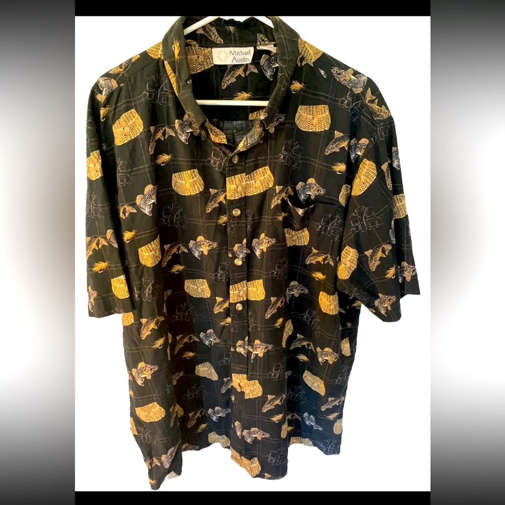 Michael Austin Mens Size XL Classic Bass Print All Over  Print Button Down